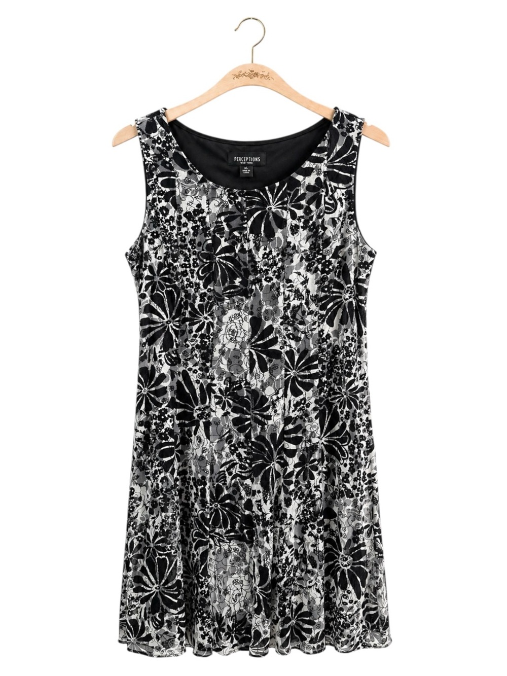 Floral Mesh Overlay A-Line Sleeveless Dress Black‎ White XL Stretch Timeless